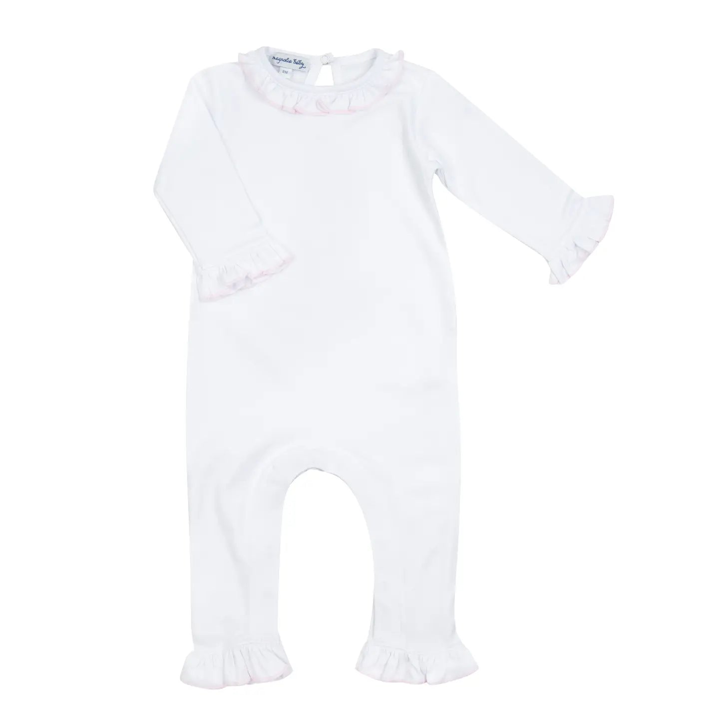 Magnolia Baby White Ruffle Playsuit- Pink Trim