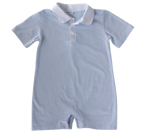 Blue & White Stripe Short Sleeve Polo Romper