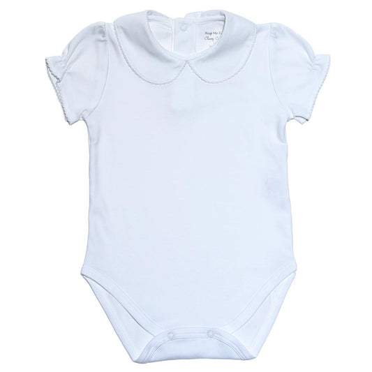 Short Sleeve White Bodysuit with White Picot Trim