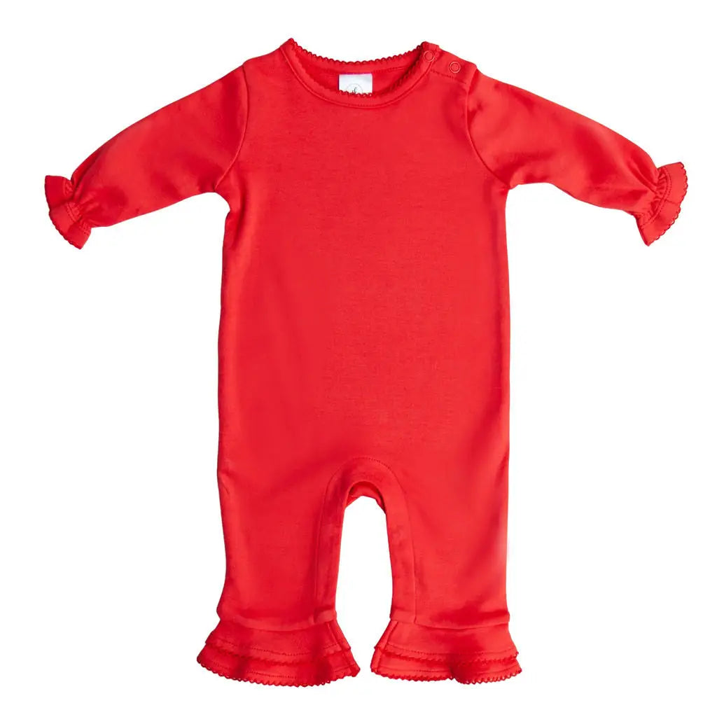 Long Sleeve Ruffle Trim Romper (White or Red)